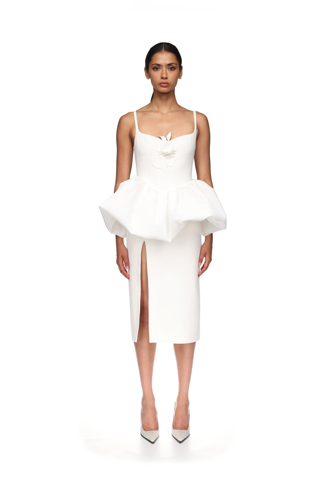 LACE ROSE AND PUFF SKIRT DETAIL MIDI DRESS