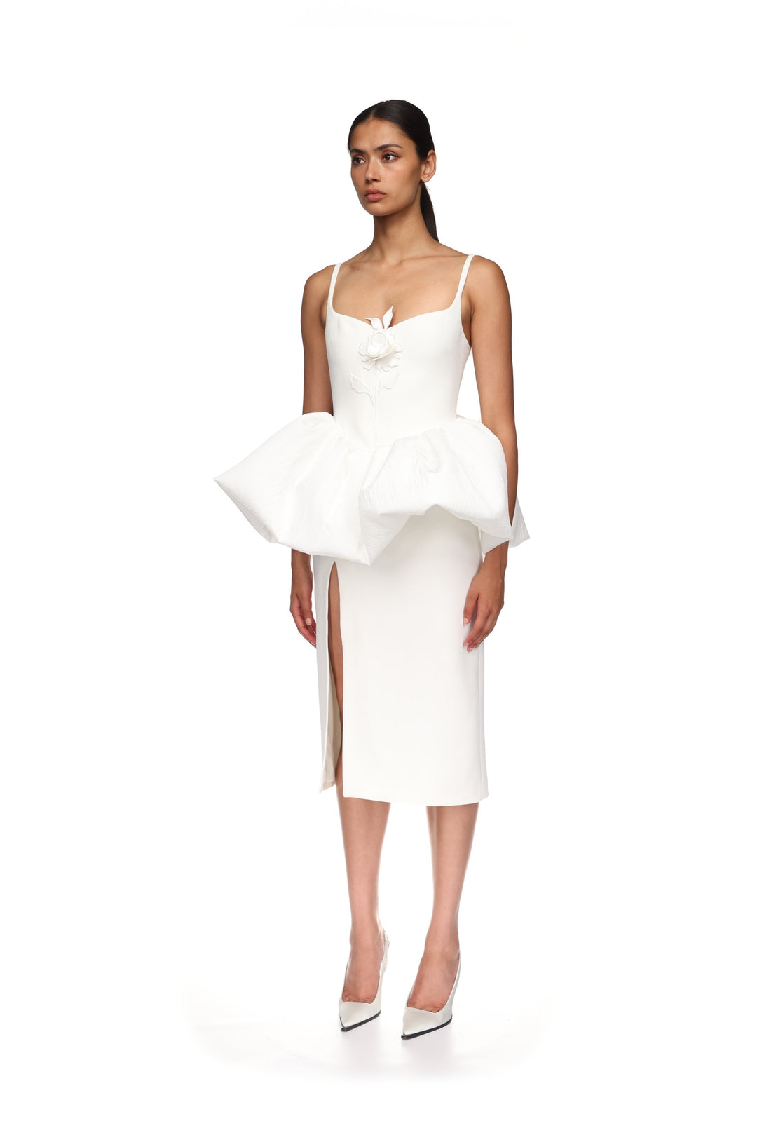 LACE ROSE AND PUFF SKIRT DETAIL MIDI DRESS