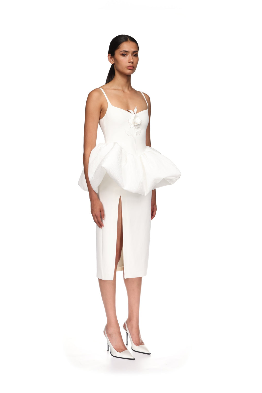 LACE ROSE AND PUFF SKIRT DETAIL MIDI DRESS