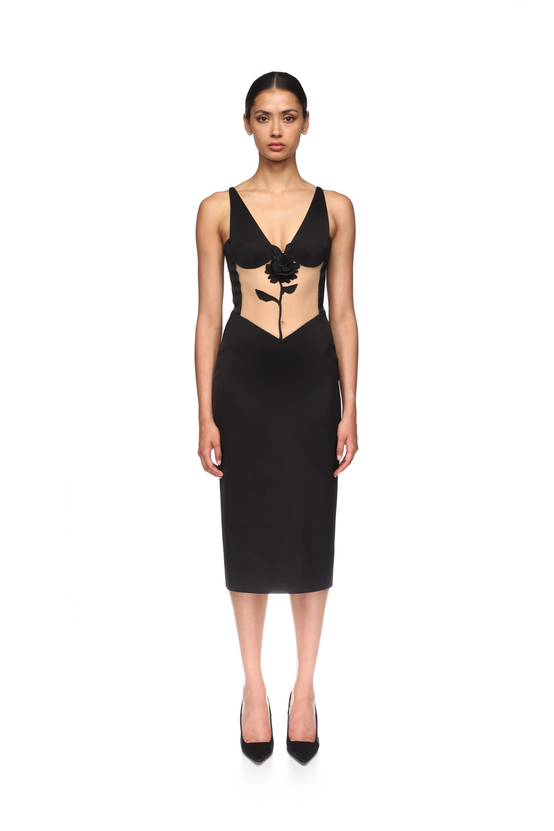 LACE ROSE AND TULLE INSERT MIDI DRESS