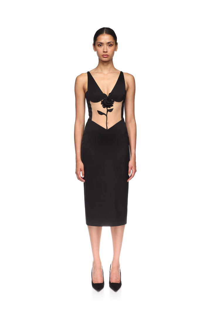 LACE ROSE AND TULLE INSERT MIDI DRESS