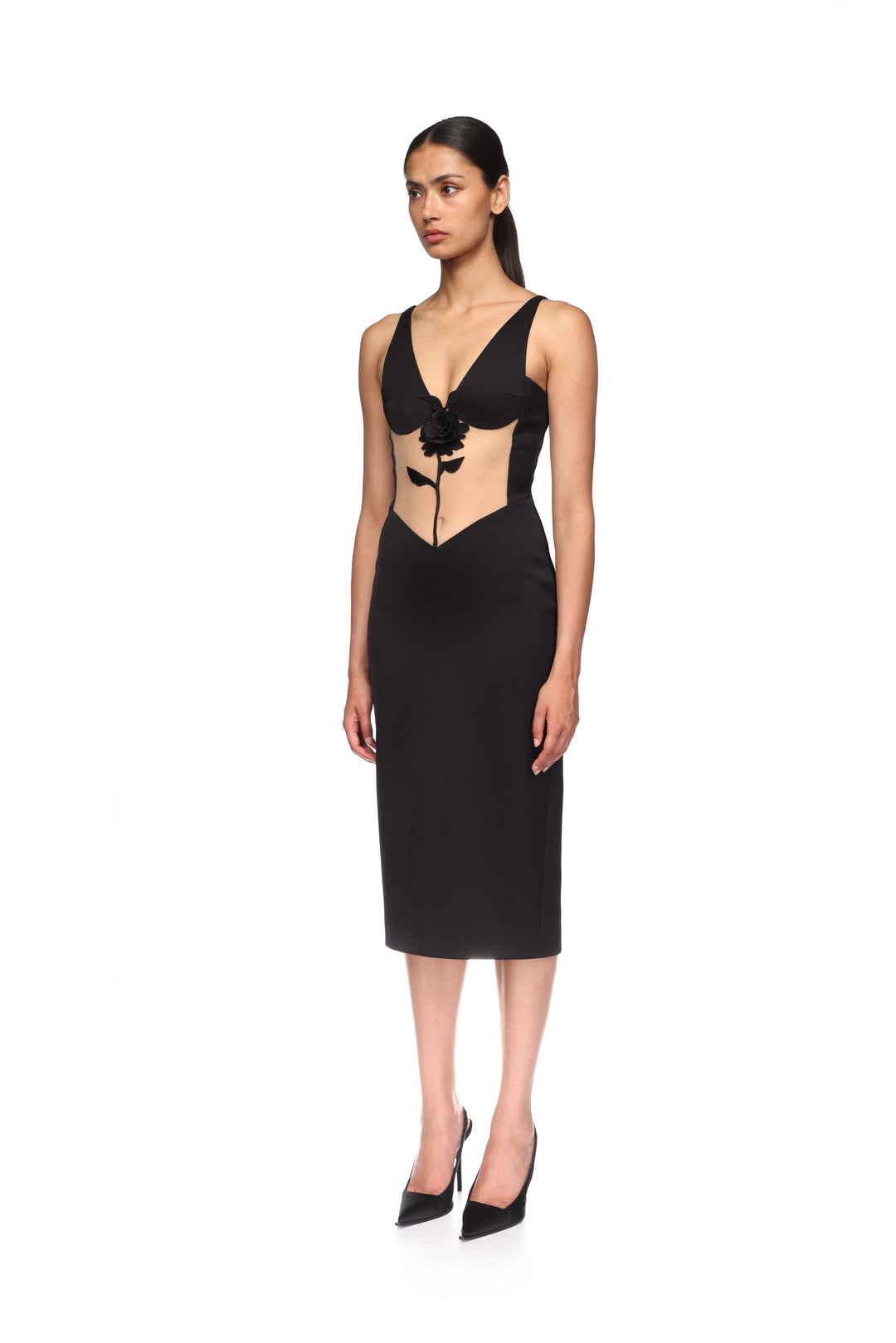 LACE ROSE AND TULLE INSERT MIDI DRESS