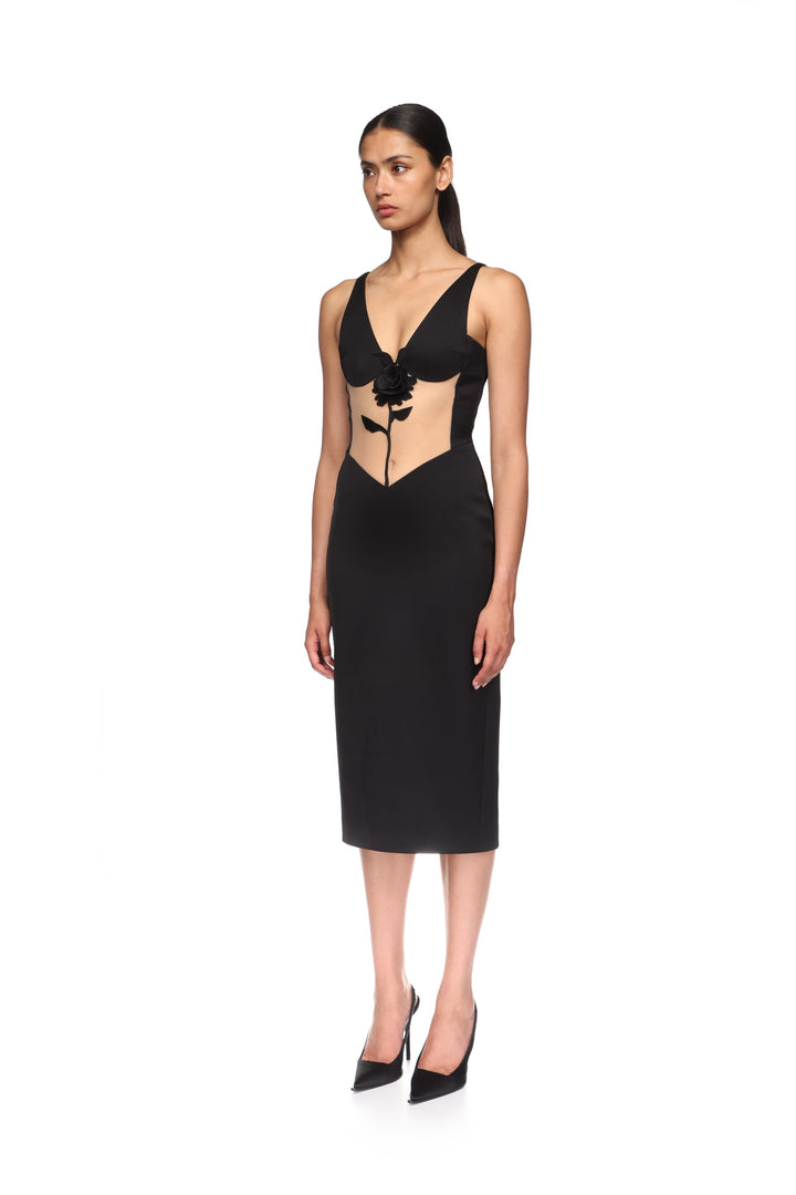 LACE ROSE AND TULLE INSERT MIDI DRESS