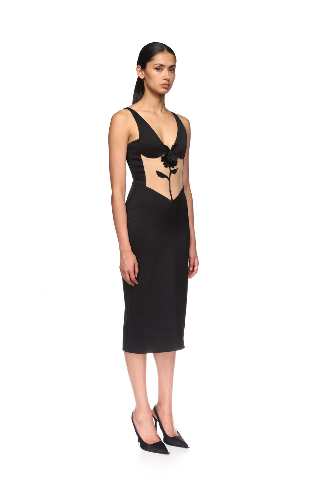 LACE ROSE AND TULLE INSERT MIDI DRESS