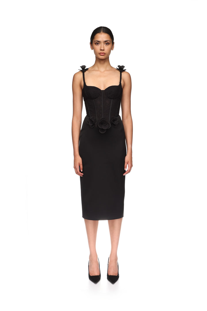 LACE FLOWER CORSET SATIN MIDI DRESS