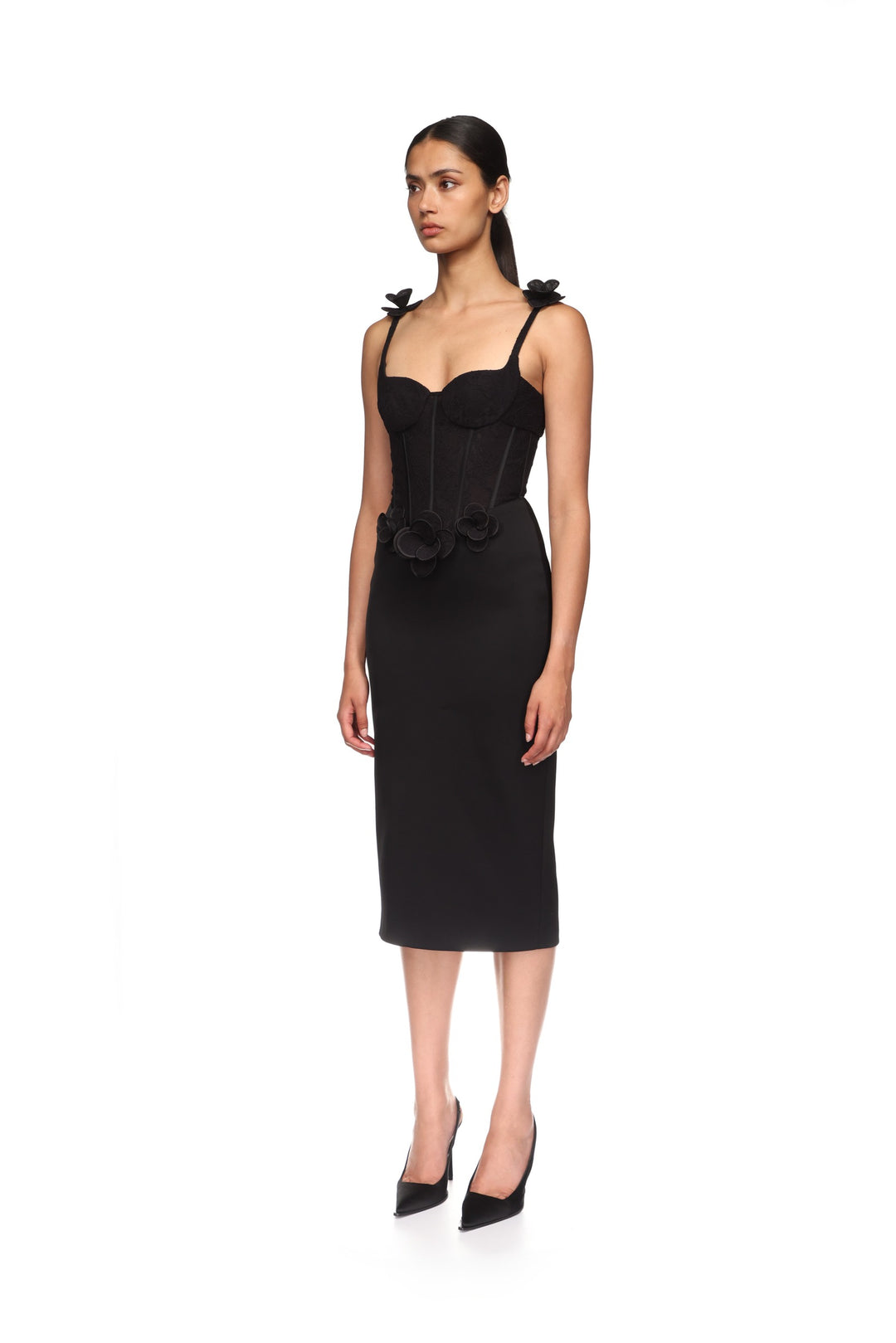 LACE FLOWER CORSET SATIN MIDI DRESS