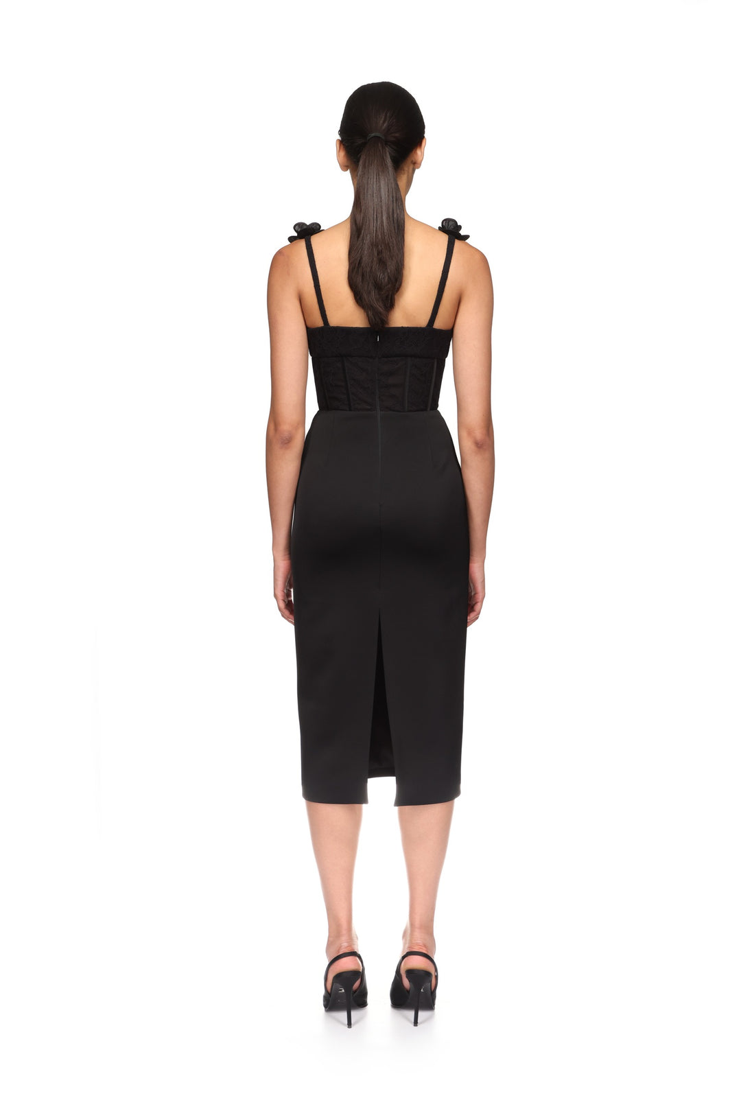 LACE FLOWER CORSET SATIN MIDI DRESS