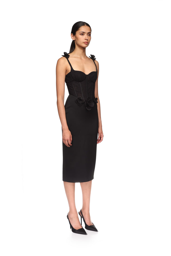 LACE FLOWER CORSET SATIN MIDI DRESS