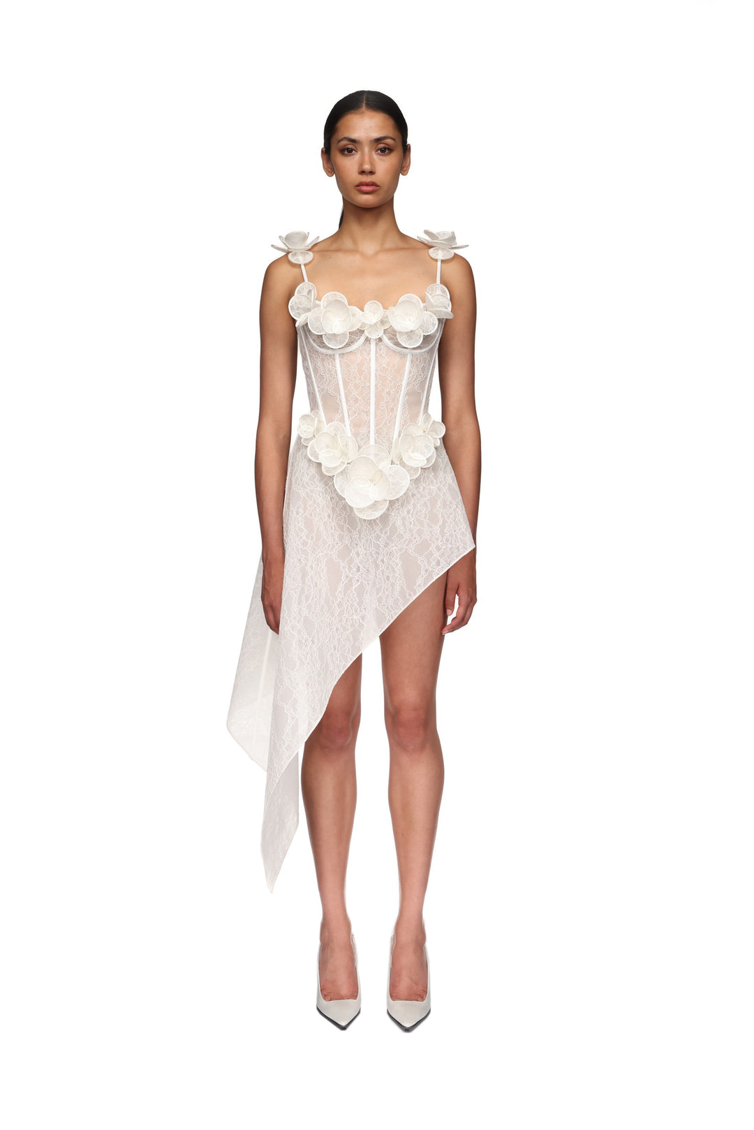 LACE FLOWER CORSET ASYMMETRIC MIDI DRESS