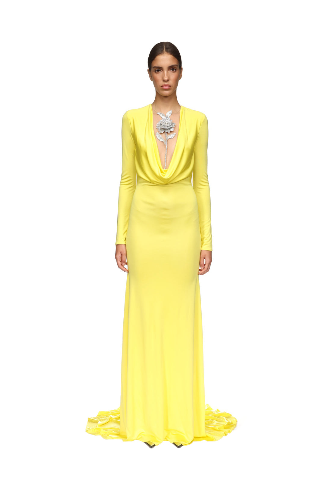 CRYSTAL ROSE DETAIL GOWN IN YELLOW