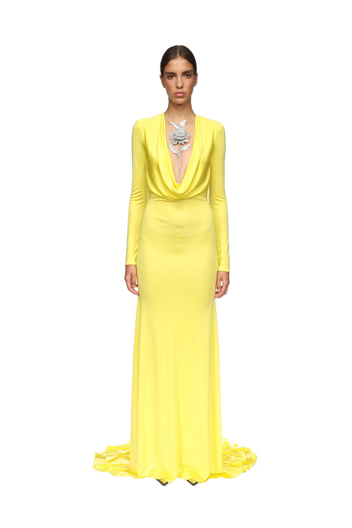 CRYSTAL ROSE DETAIL GOWN IN YELLOW