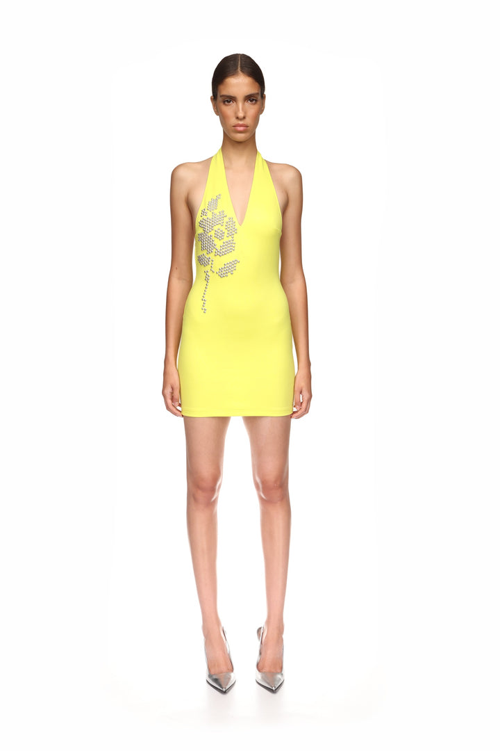 SILVER FLOWER HALTER MINI DRESS