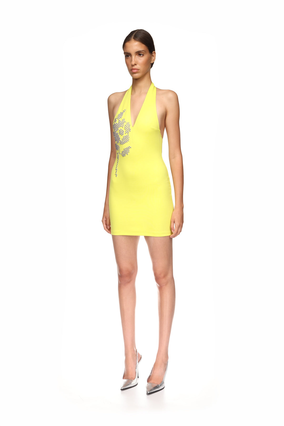 SILVER FLOWER HALTER MINI DRESS