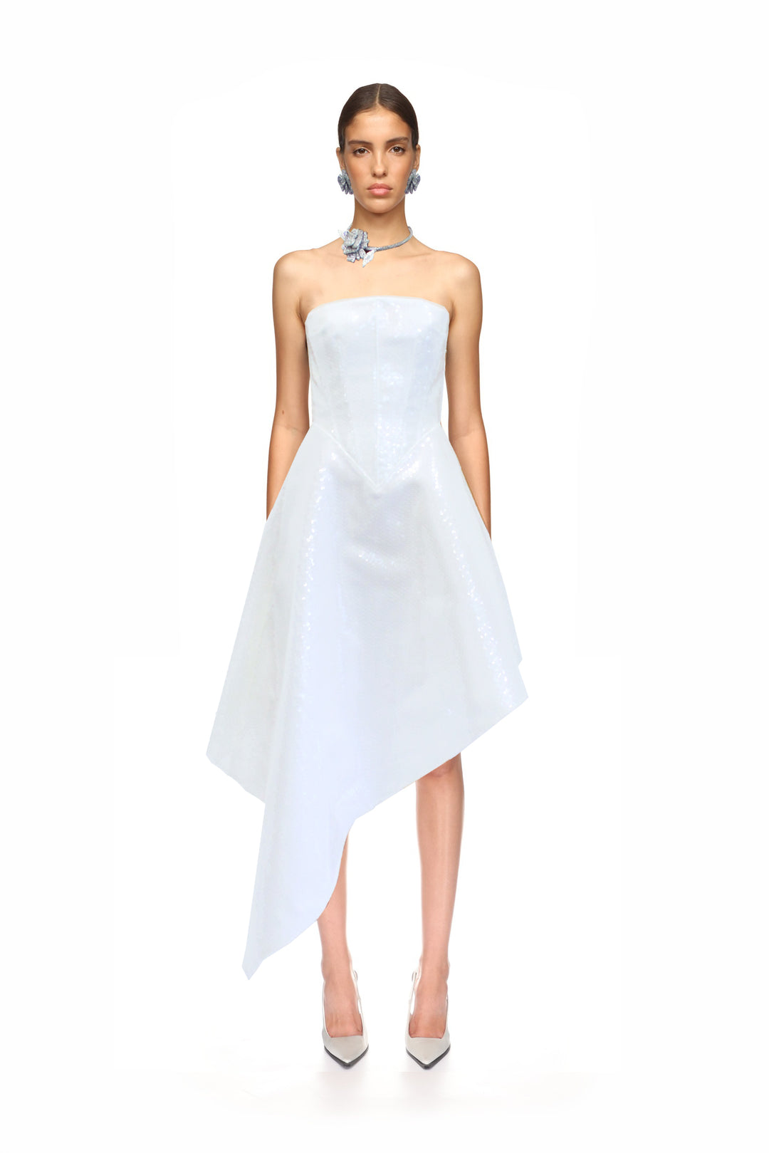 ASYMMETRIC HEM SEQUIN MIDI DRESS