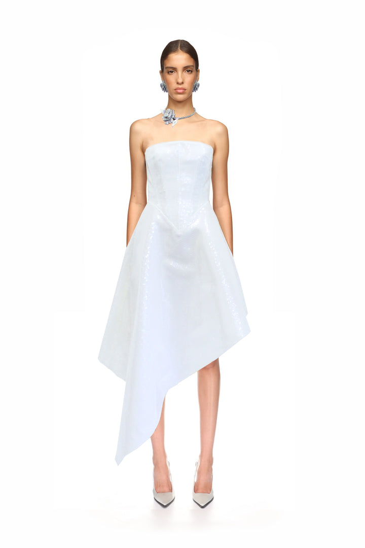 ASYMMETRIC HEM SEQUIN MIDI DRESS