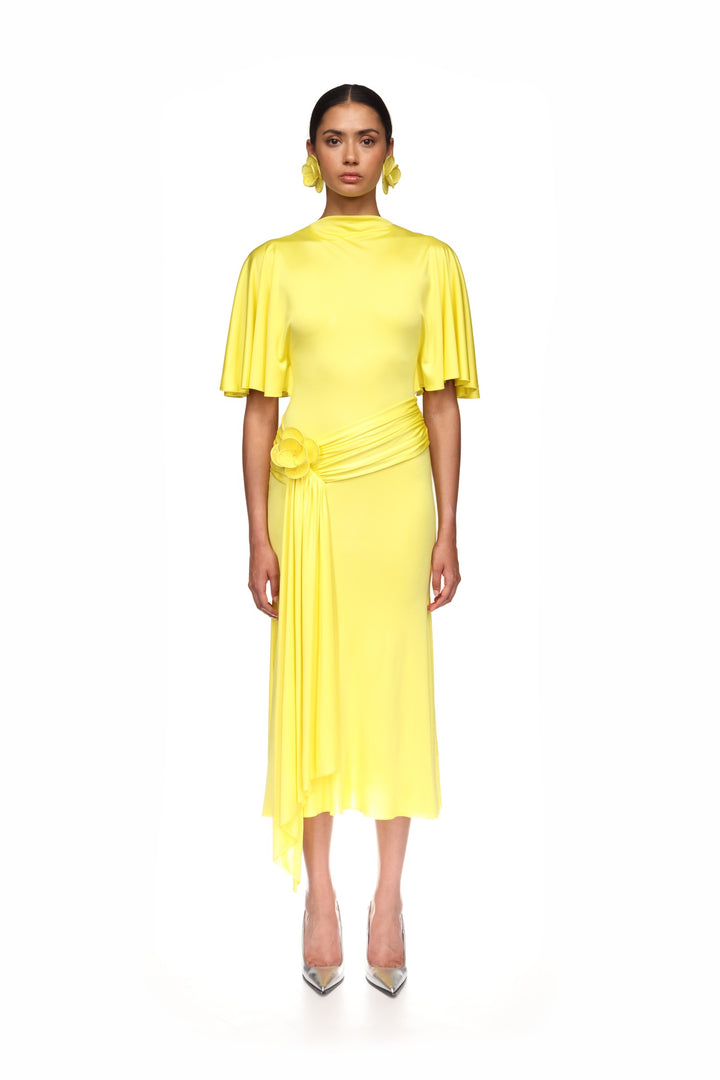 DRAPED SLEEVE JERSEY MIDI DRESS IN YELLOW
