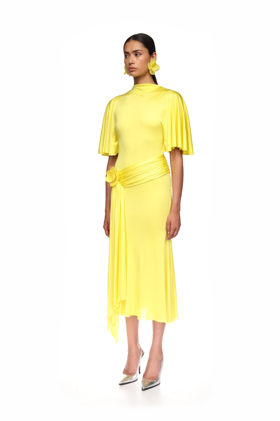 DRAPED SLEEVE JERSEY MIDI DRESS IN YELLOW