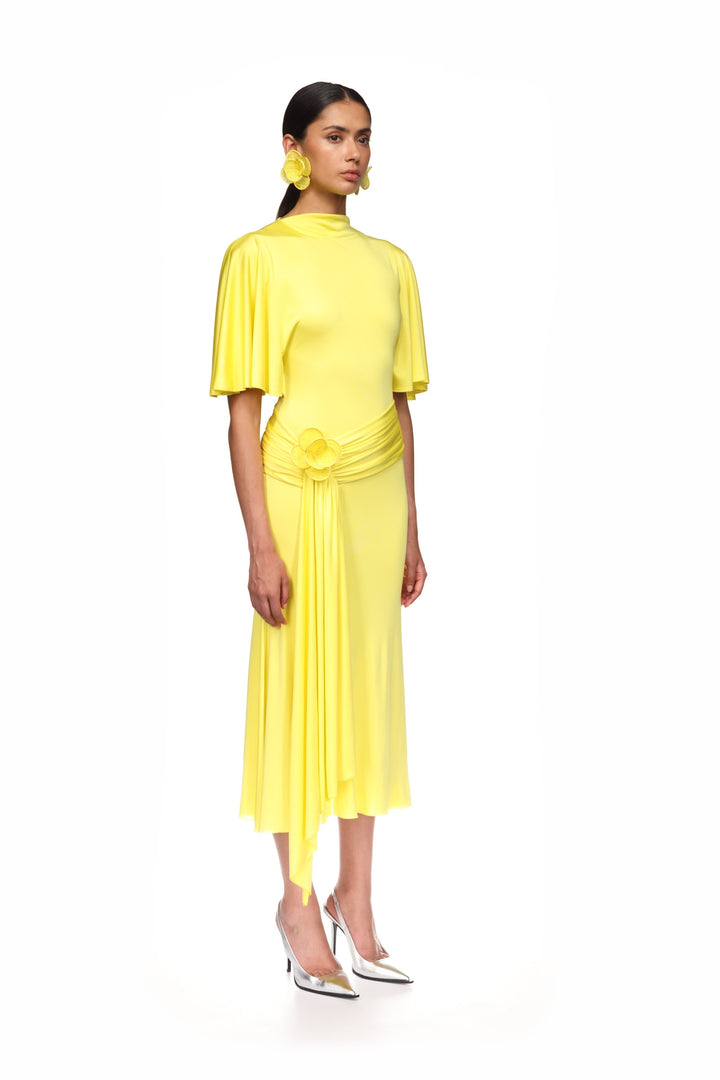 DRAPED SLEEVE JERSEY MIDI DRESS IN YELLOW
