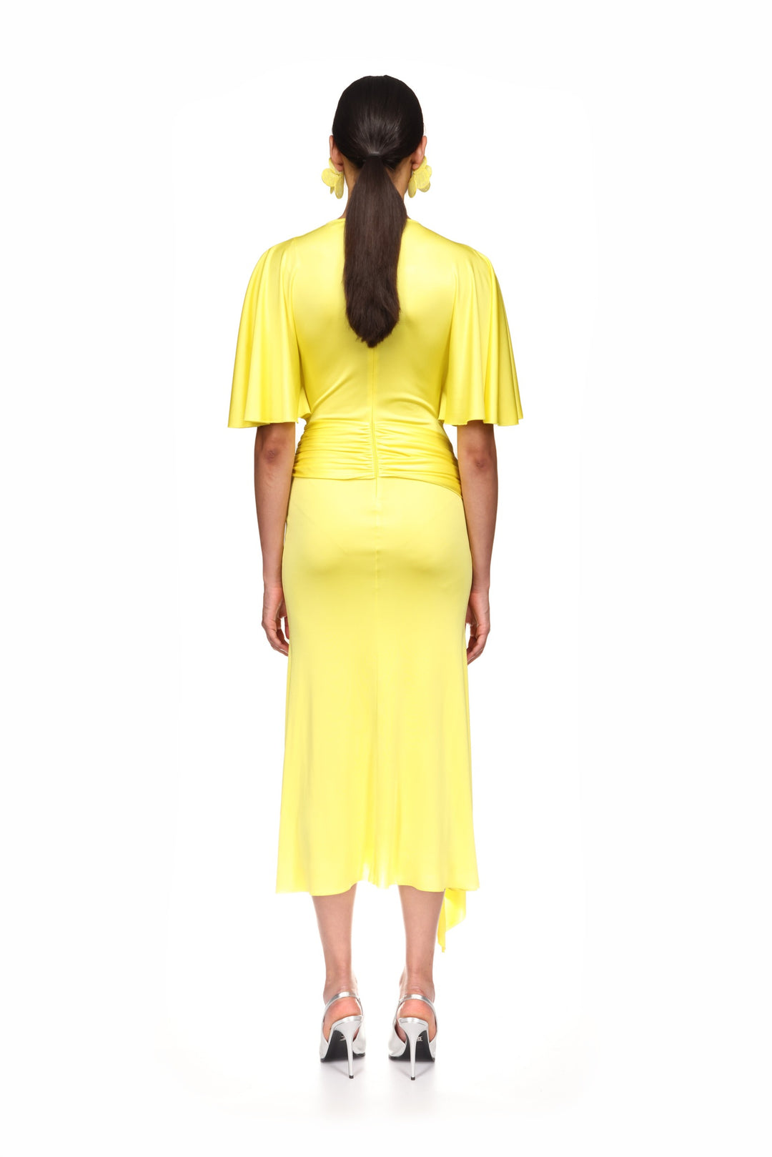 DRAPED SLEEVE JERSEY MIDI DRESS IN YELLOW