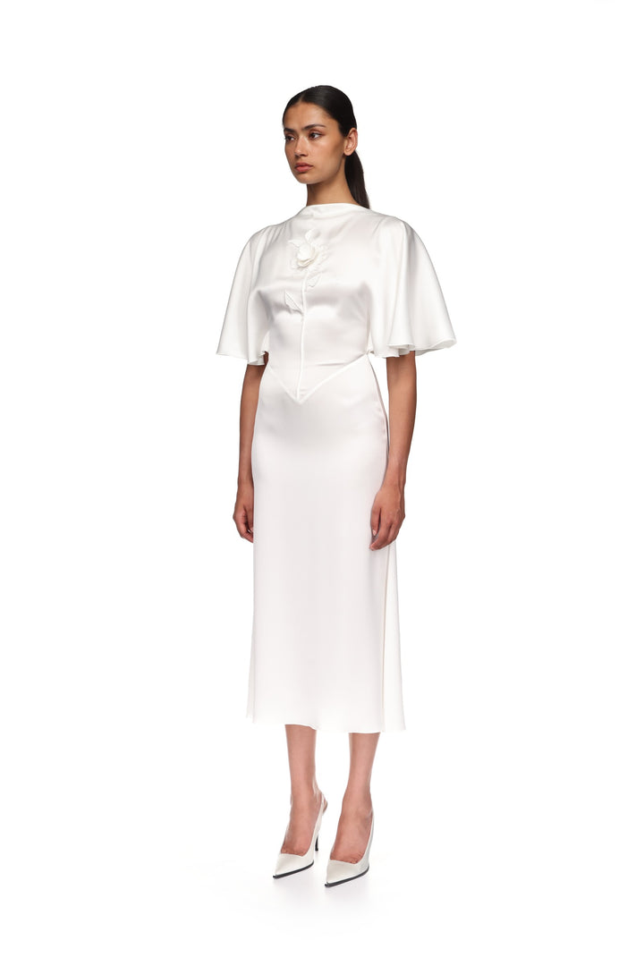 LACE ROSE EMBROIDERED SATIN MIDI DRESS