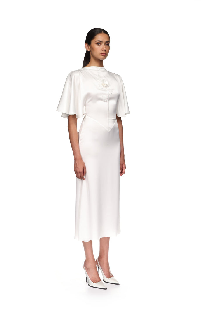 LACE ROSE EMBROIDERED SATIN MIDI DRESS
