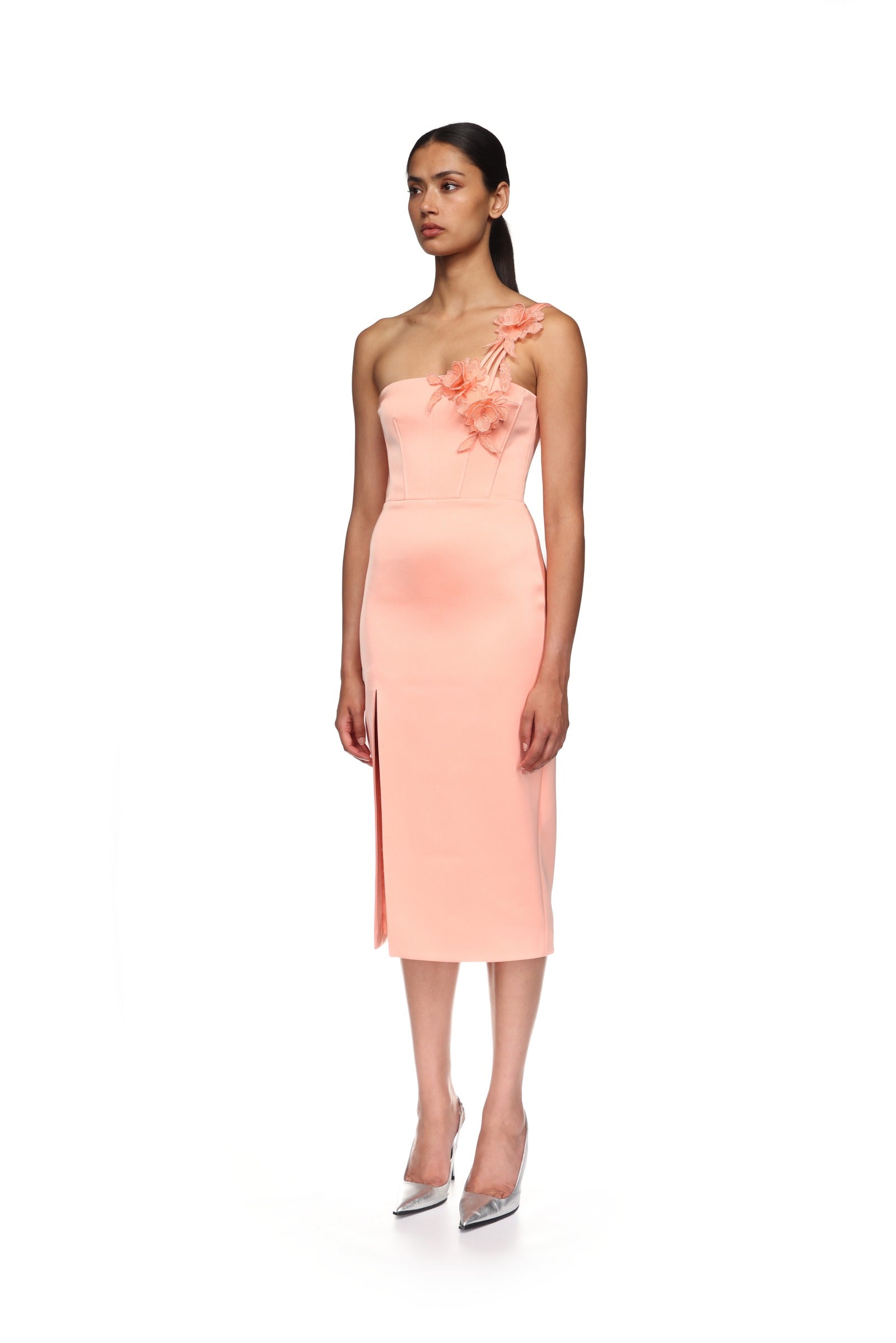 ASYMMETRIC LACE ROSE SATIN MIDI DRESS – David Koma