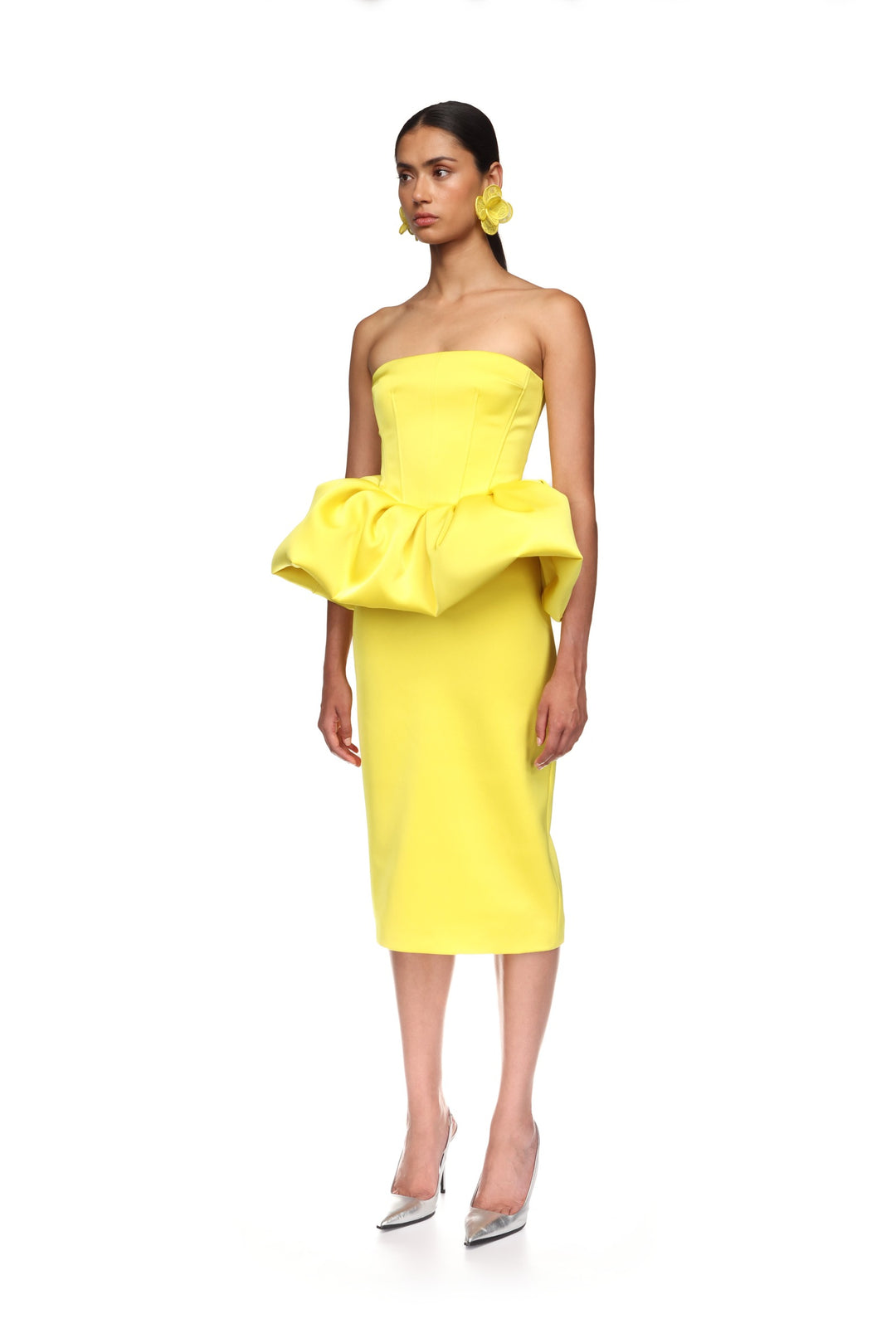 PEPLUM DETAIL CORSETED MIDI DRESS