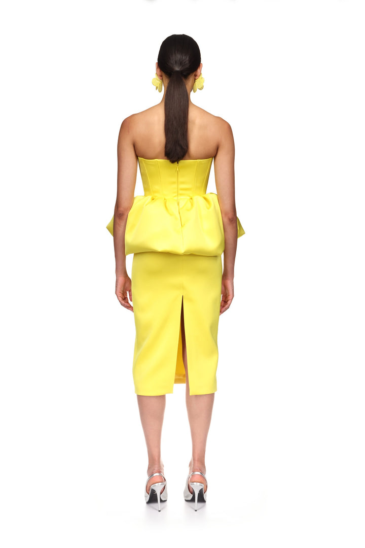 PEPLUM DETAIL CORSETED MIDI DRESS