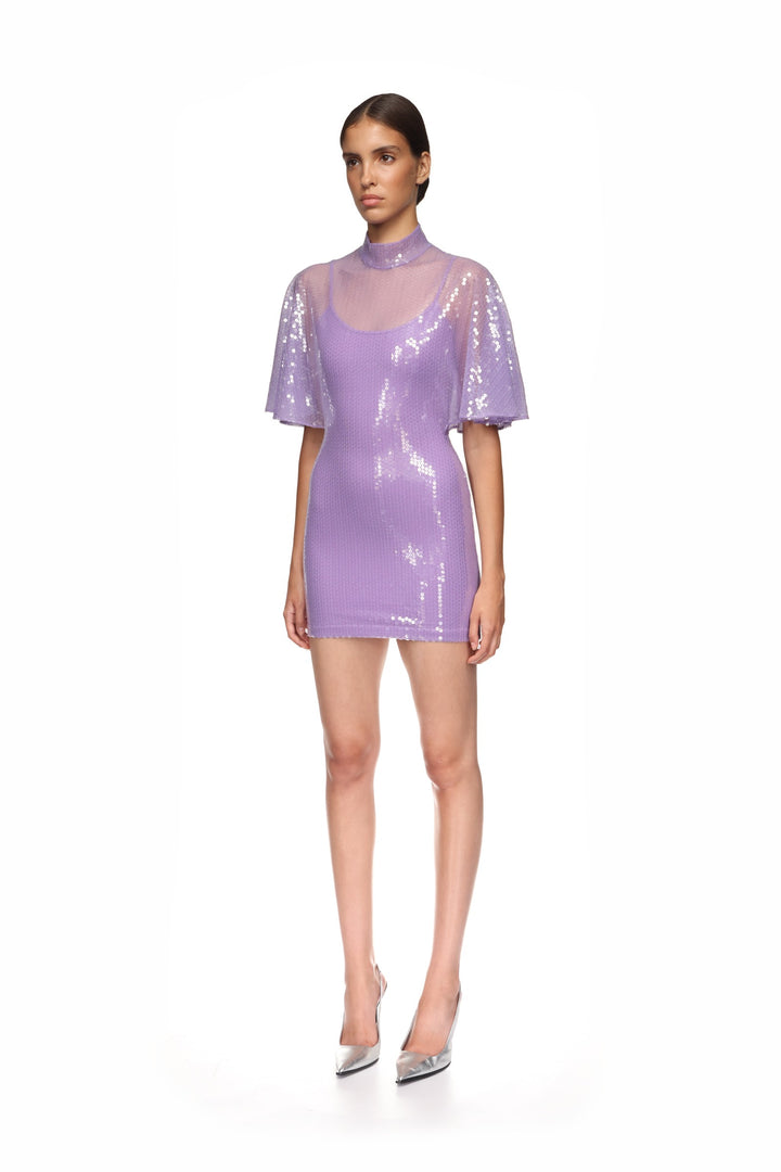 DRAPED SLEEVE MINI SEQUIN DRESS IN LILAC