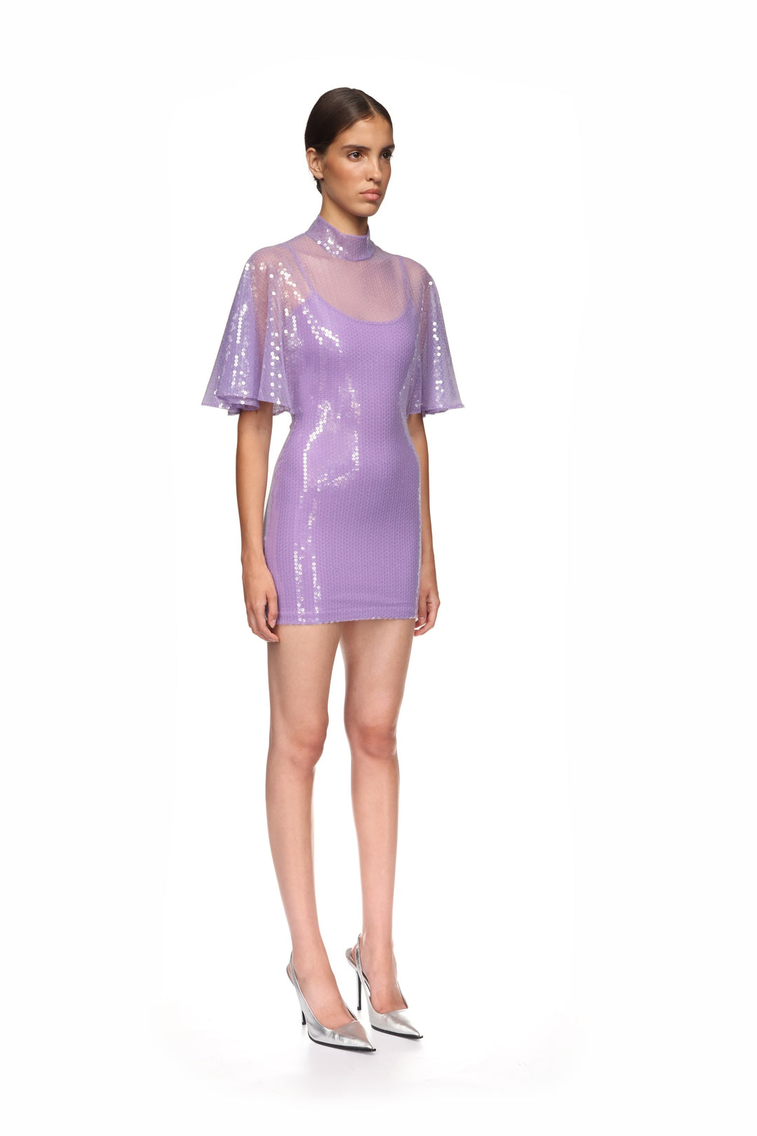 DRAPED SLEEVE MINI SEQUIN DRESS IN LILAC