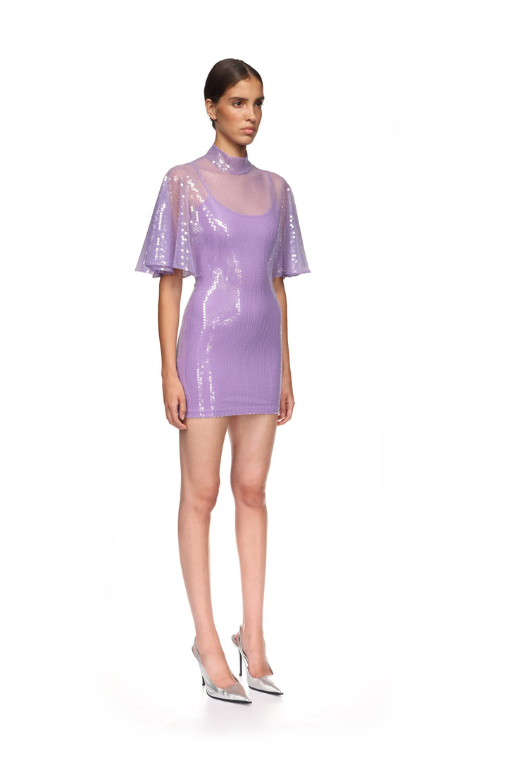 DRAPED SLEEVE MINI SEQUIN DRESS IN LILAC