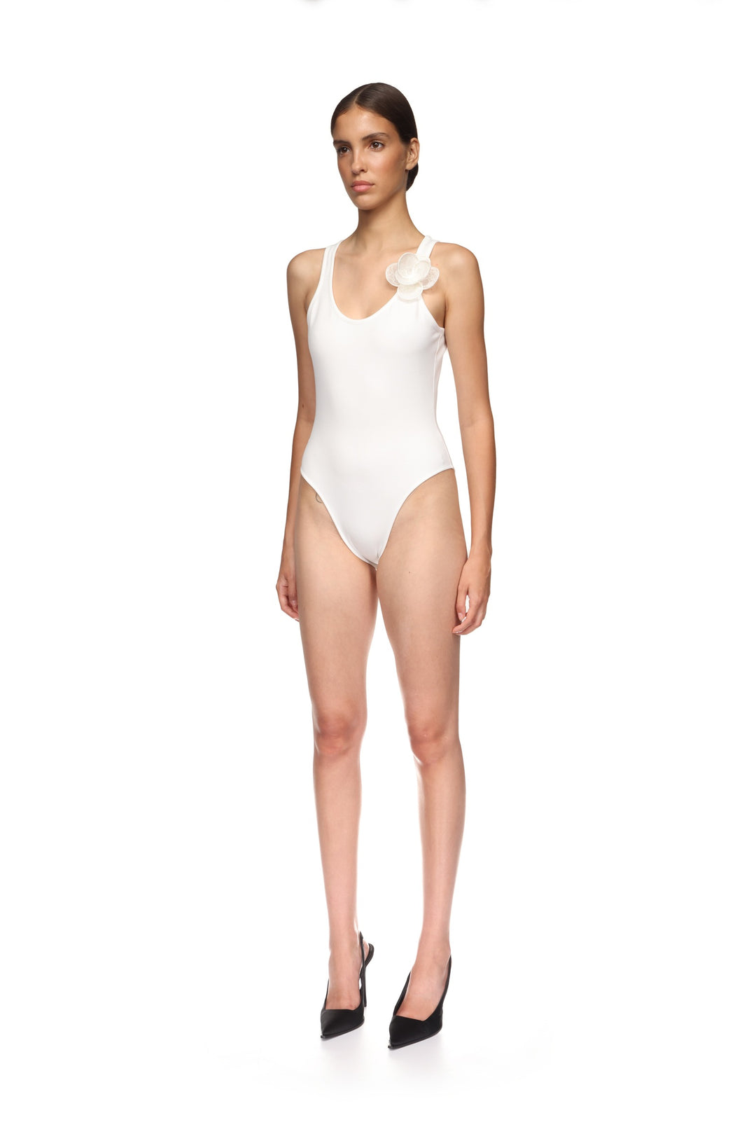 3D LACE FLOWER JERSEY BODYSUIT IN BLACK