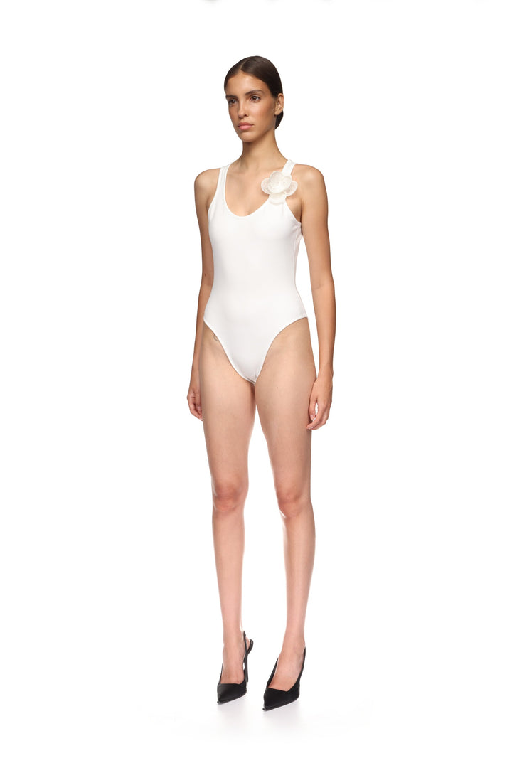 3D LACE FLOWER JERSEY BODYSUIT IN BLACK