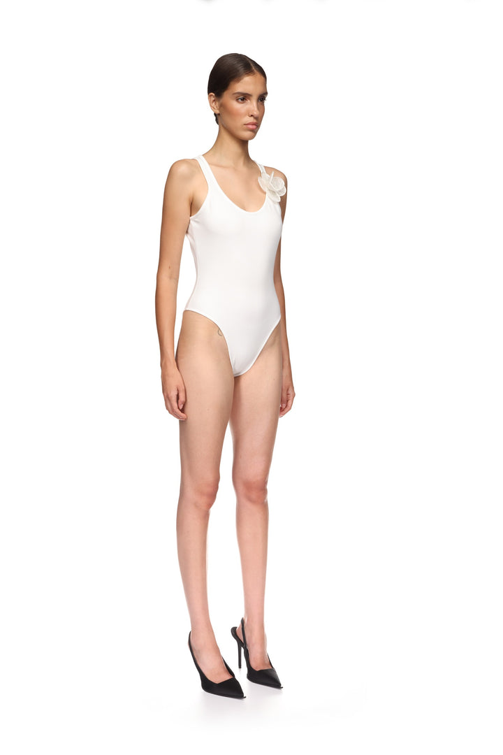 3D LACE FLOWER JERSEY BODYSUIT IN BLACK