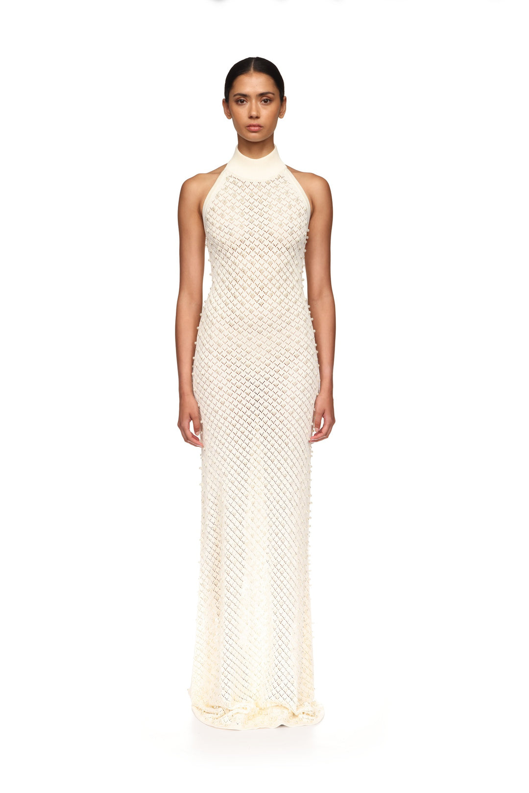 PEARL EMBELLISHED KNIT HALTER GOWN