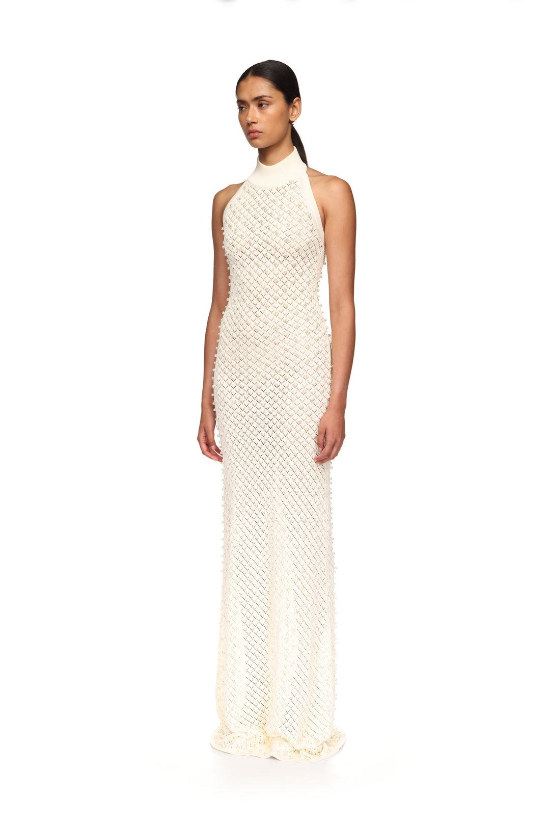 PEARL EMBELLISHED KNIT HALTER GOWN