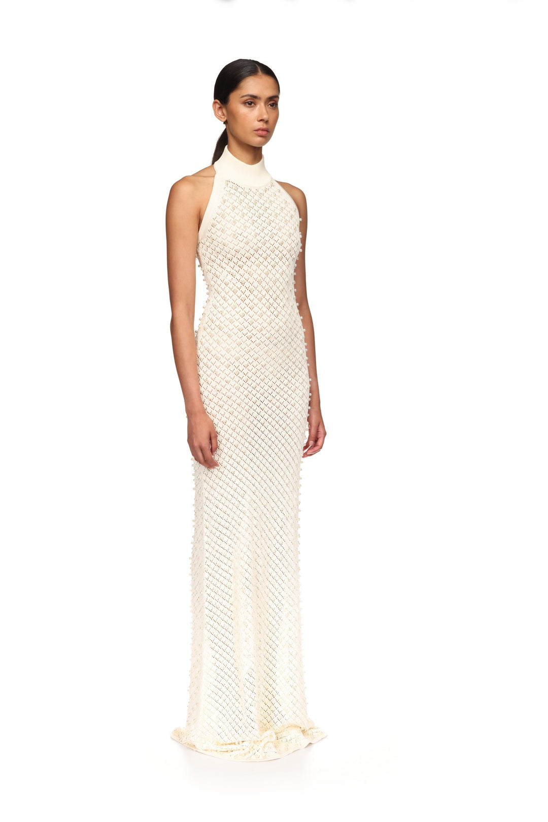 David Koma PEARL EMBELLISHED KNIT HALTER GOWN White / XS