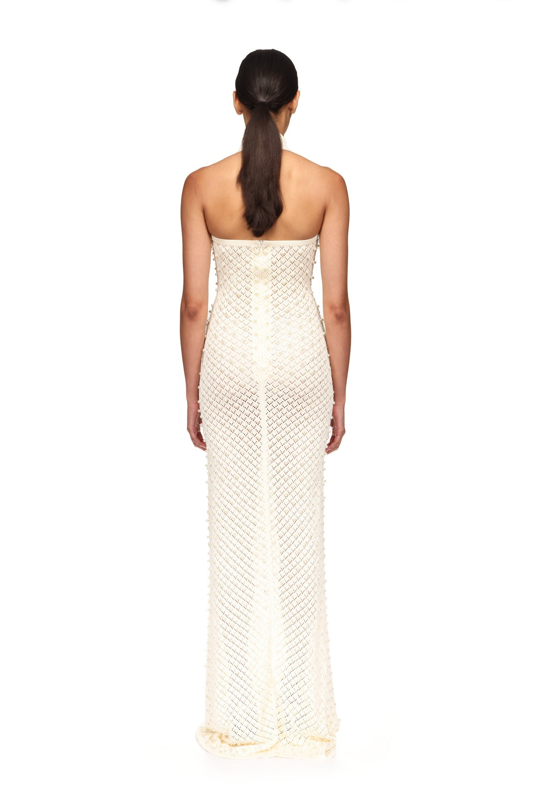 PEARL EMBELLISHED KNIT HALTER GOWN