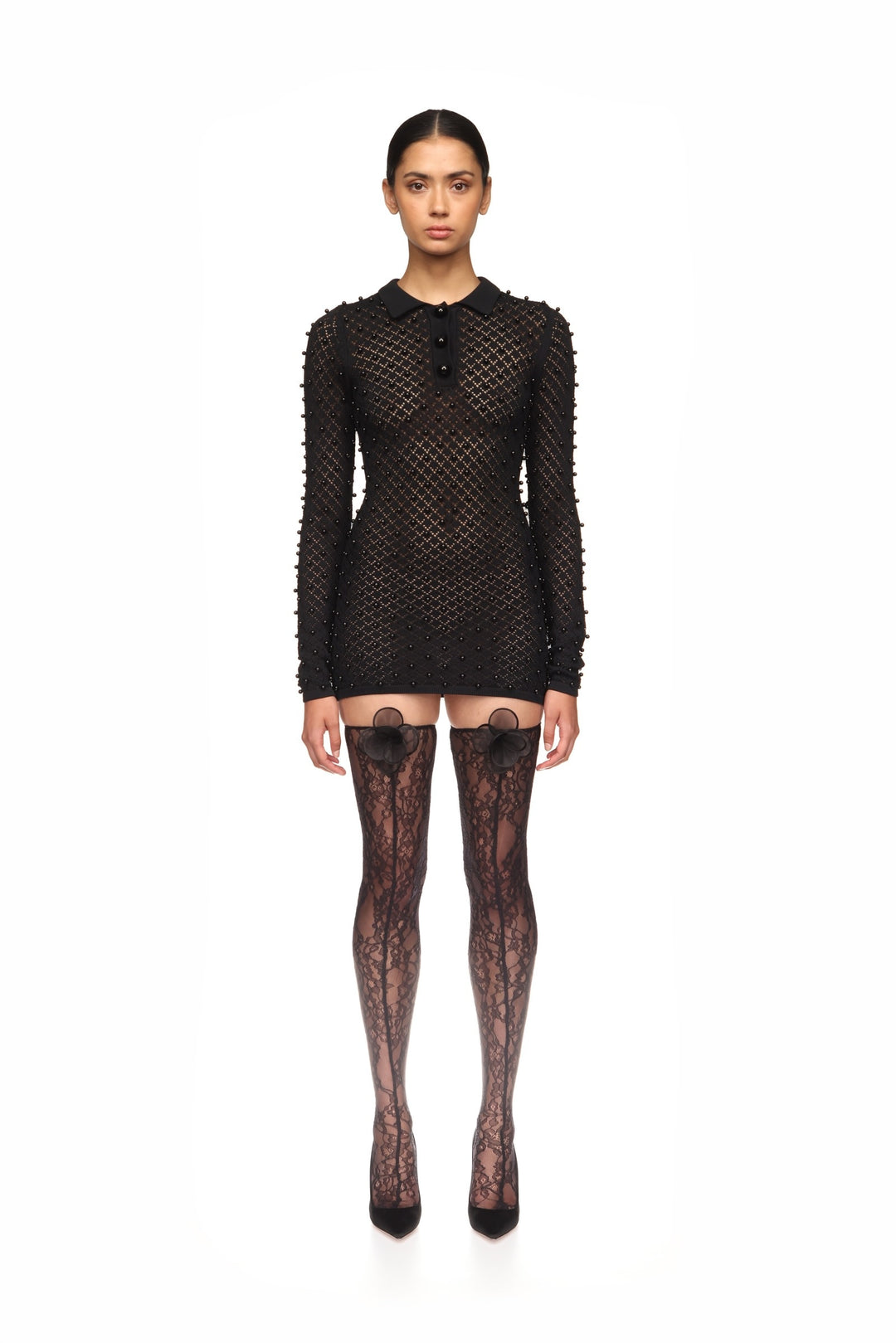 3D FLOWER LACE STOCKINGS IN BLACK
