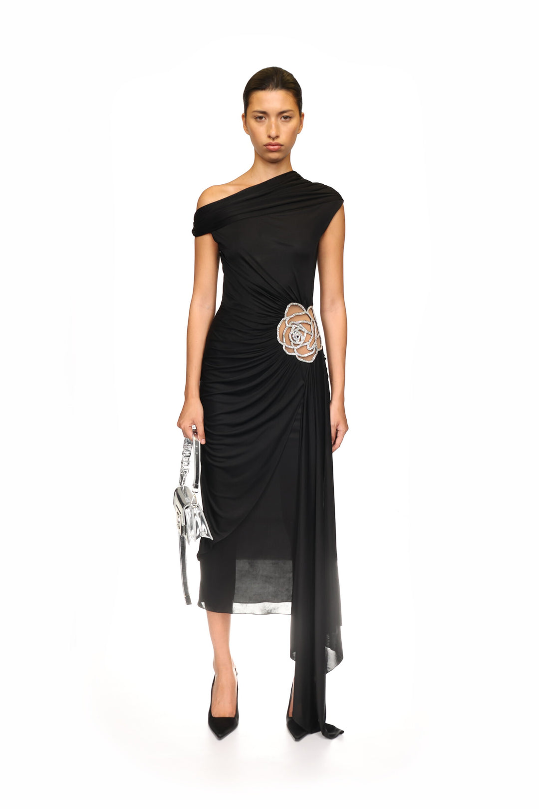 BLACK ASYMMETRIC ROSE MIDI DRESS