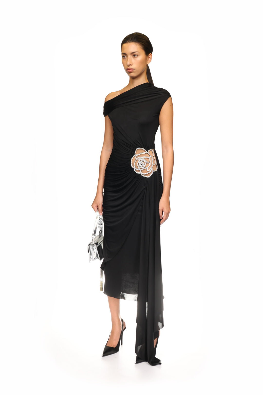 BLACK ASYMMETRIC ROSE MIDI DRESS