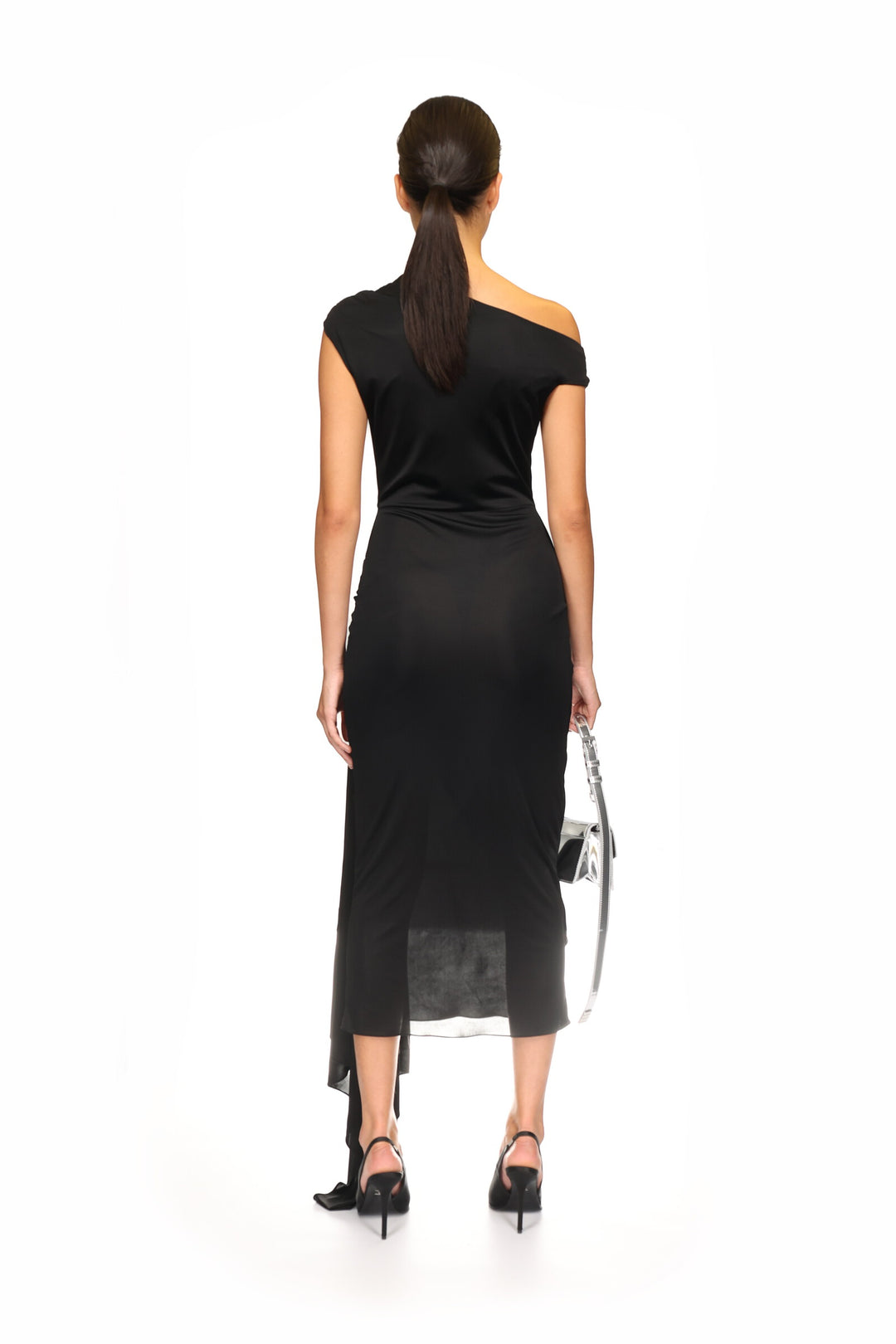 BLACK ASYMMETRIC ROSE MIDI DRESS