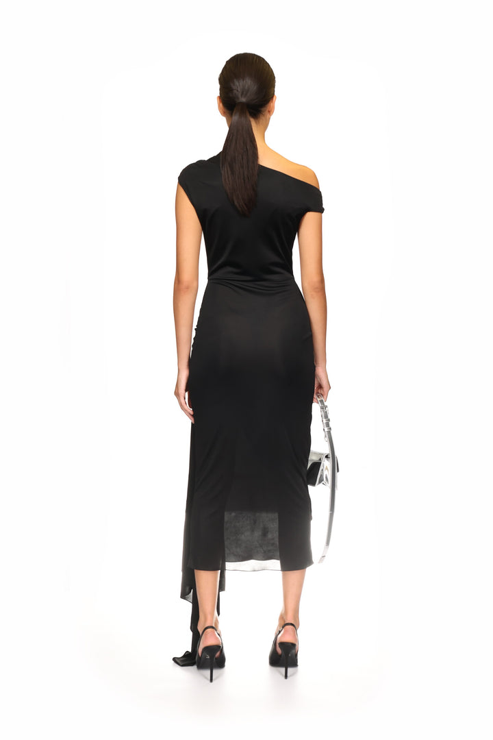 BLACK ASYMMETRIC ROSE MIDI DRESS