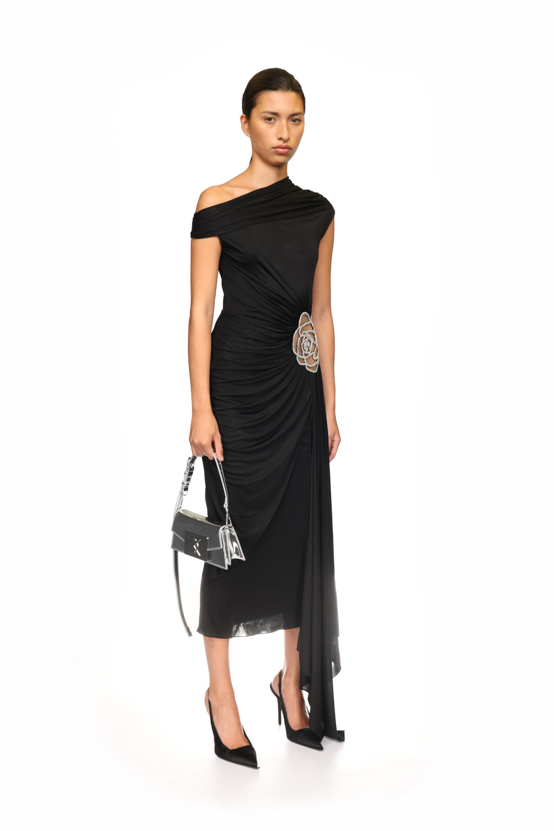 BLACK ASYMMETRIC ROSE MIDI DRESS