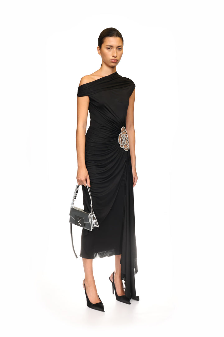 BLACK ASYMMETRIC ROSE MIDI DRESS