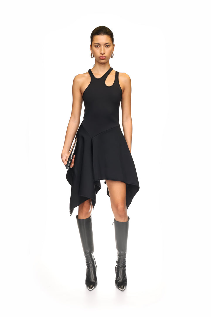 BLACK ASYMMETRIC CUT-OUT MINI DRESS