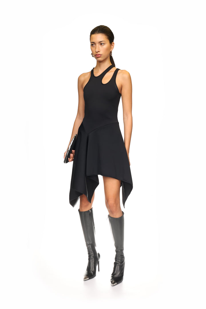 BLACK ASYMMETRIC CUT-OUT MINI DRESS