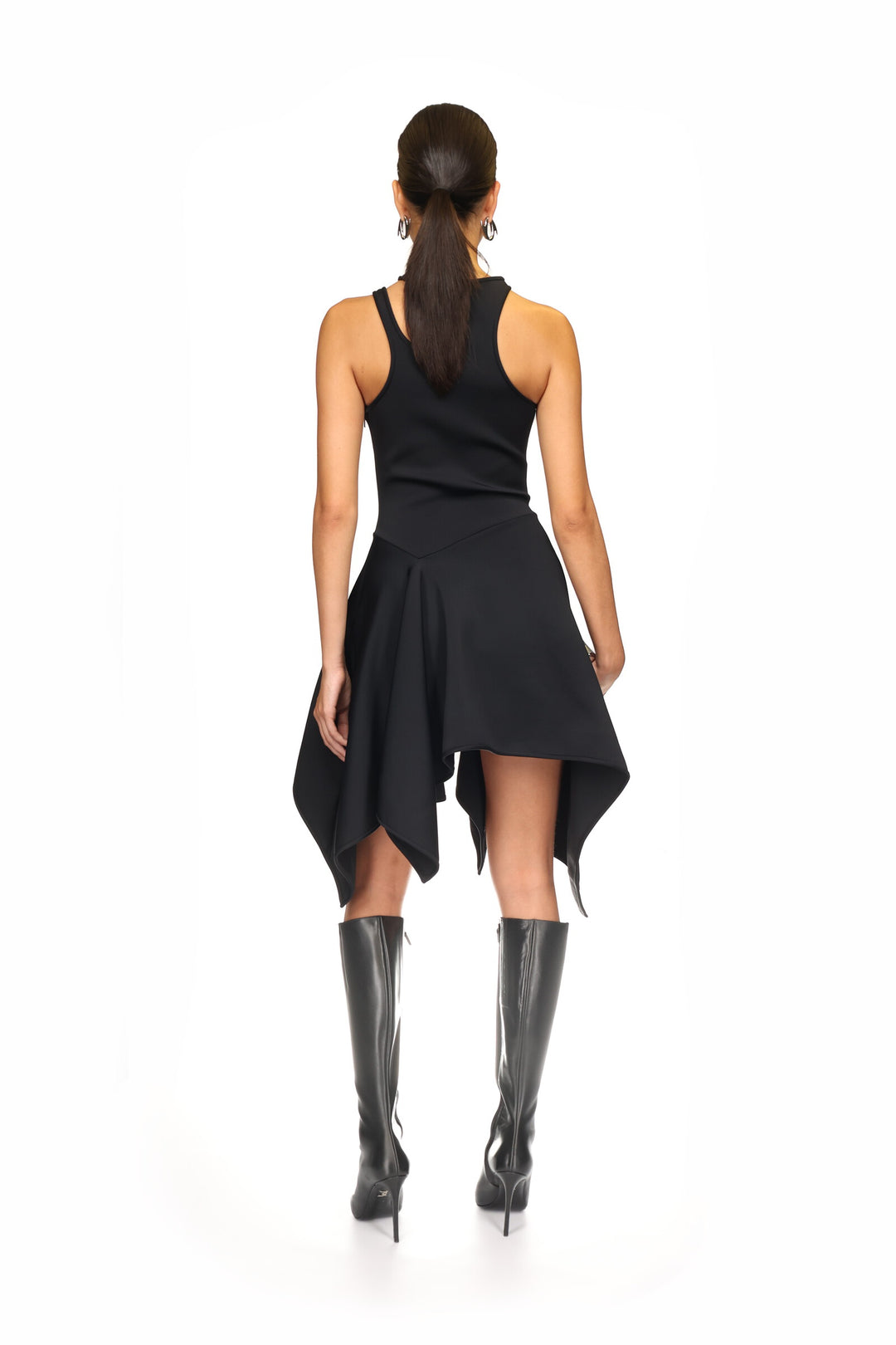 BLACK ASYMMETRIC CUT-OUT MINI DRESS