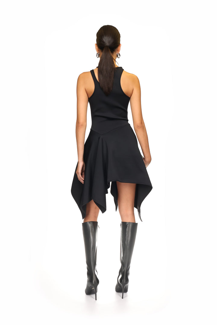 BLACK ASYMMETRIC CUT-OUT MINI DRESS
