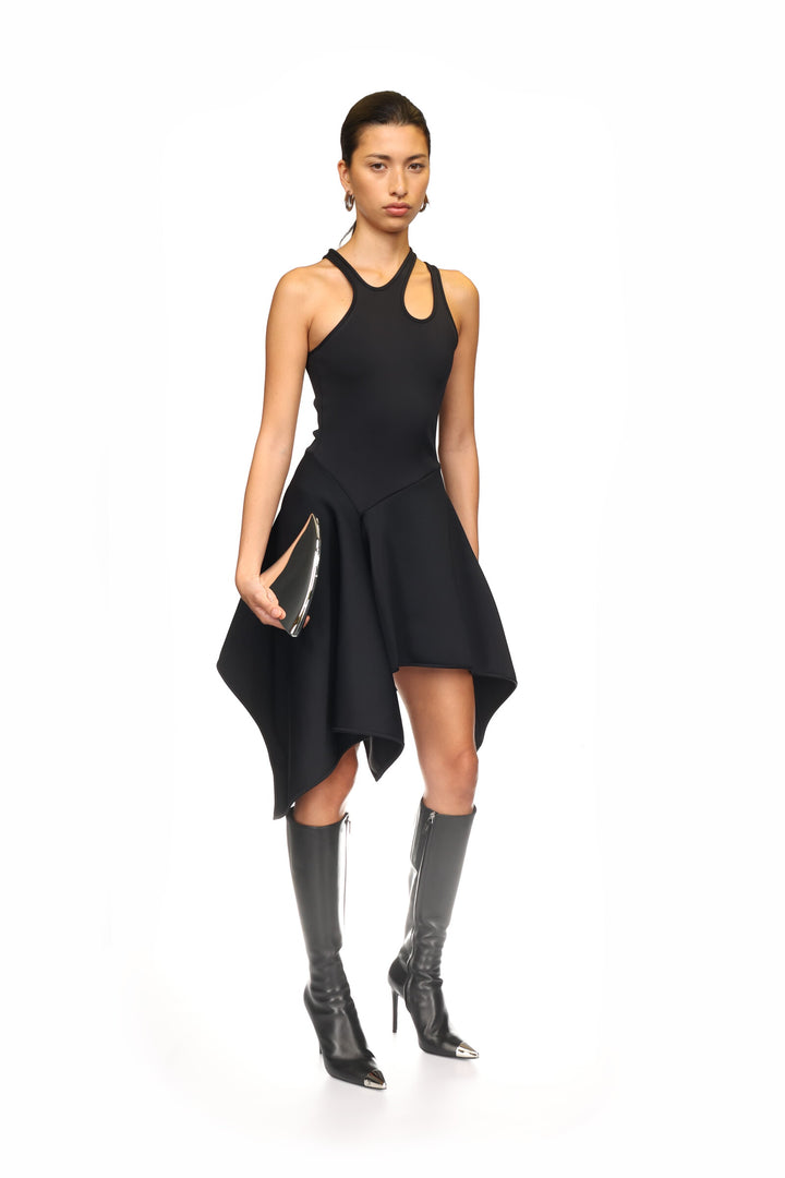 BLACK ASYMMETRIC CUT-OUT MINI DRESS